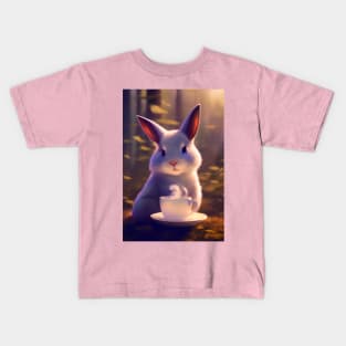 Cute White Rabbit with a mug cup of morning coffee Kids T-Shirt